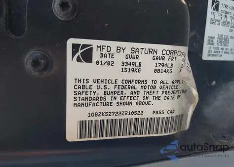 2002 Saturn S-Series Sl2 from USA, damaged, VIN 1G8ZK52722Z210522